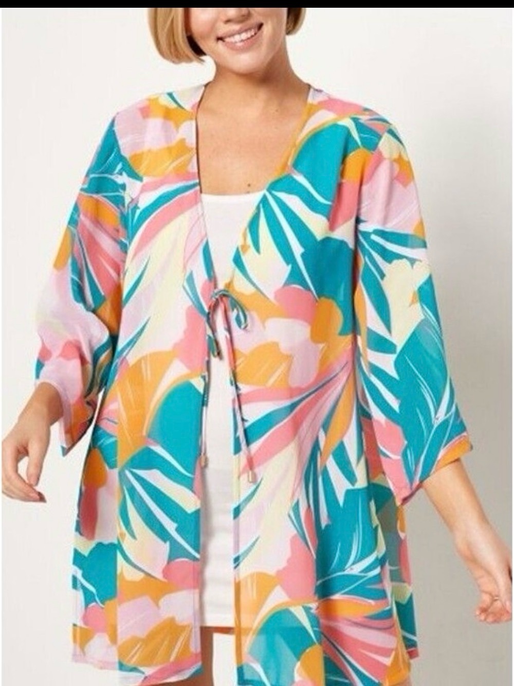 Jantzen Womens Tropical Print Tie-Front Swim Cover-Up - Teal & Pink